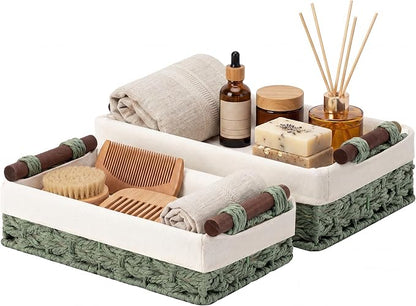 StorageWorks Small Baskets for Organizing with Handles and Liner, Wicker Toilet Paper Basket for Back of Toilet, Green Paper Rope Bathroom Basket Organizer and Storage for Sage Green Decor, 2 Pack