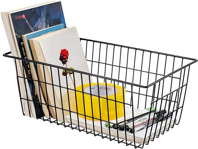 iPEGTOP Wire Freezer Stroage Baskets, 13.4 inch Set of 2 Farmhouse Storage Bins Basket Freezer Storage Organizer Bins with Handles for Kitchen Cabinets, Pantry, Closets, Bedrooms, Bathrooms- Black