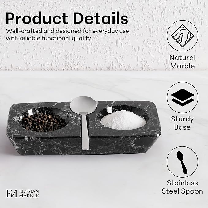 Marble Salt and Pepper Dish with Spoon, Handcrafted Double Spice Tray with 2 Compartments, Natural Stone Condiment Dish for Cooking Prep and Serving - Black