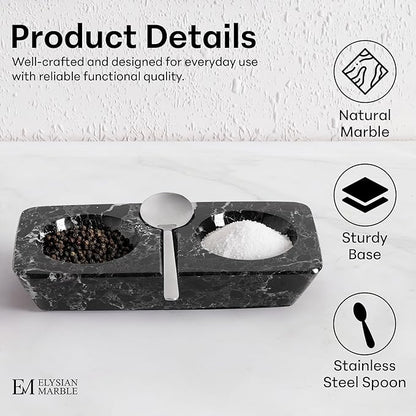 Marble Salt and Pepper Dish with Spoon, Handcrafted Double Spice Tray with 2 Compartments, Natural Stone Condiment Dish for Cooking Prep and Serving - Black