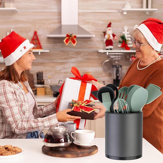 LIBODOUR Utensil Holder,Large 360°Rotating Kitchen Utensil Holder For Counter,Cooking Silverware Organizer Stainless Steel Caddy Flatware Spoon Spatula Tool Cutlery Container