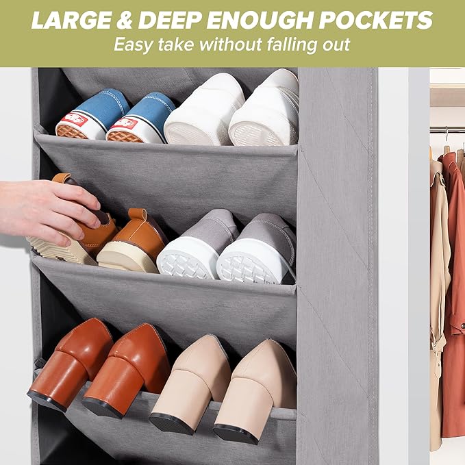 Door Shoe Organizer with 10 Extra Large Pockets, 23 Pairs Shoes Large Capacity Hanging Storage Organizer for Shoes, Diapers, Dark Grey, 8 Layers, 4-Pack