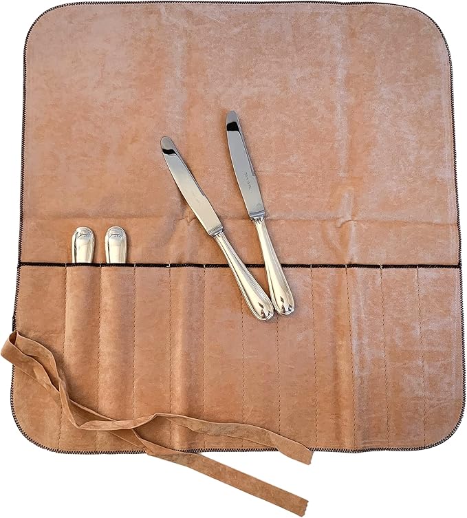 Hagerty Silver Guard Cutlery Roll - 43.5 x 45 cm, Tan, 12 Compartments, Anti-Tarnish Fabric, Silver Cutlery Storage, Kitchen Storage, Silverware Preservation