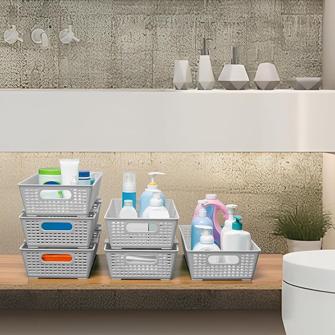 Tiawudi Stackable Woven Plastic Basket, Storage Bins for Cabinet, Closet, Shelf, Under Sink and Countertop, Pantry Organizer Bins, 6 Pack