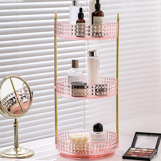 Fangoo 3 Tiers Pink Rotating Makeup Organizer for Vanity 360 Spinning Skincare Organizers for Dresser Perfume Organizer Large Skincare Make up Storage Cosmetic Organizer for Bathroom Countertop