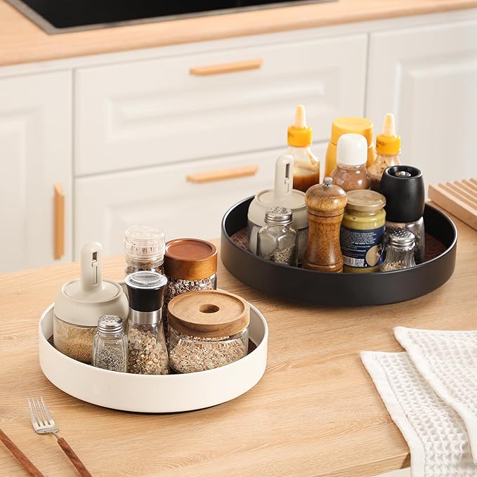 Non-Slip Rotating Lazy Susan Turntable, 360-Degree Swivel, Black with Textured Surface (Black, 10inches+12inches)