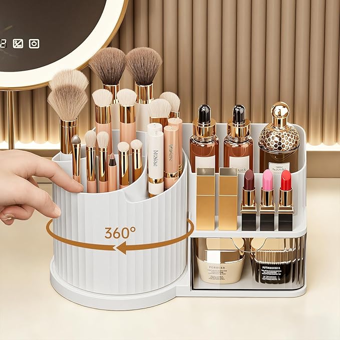 Anyoifax 360 Rotating Makeup Brush Holder Organizer with Drawer 5 Slots Make Up Brushes Cup Flower-Shaped Spinning Pen Holder for Vanity, Cosmetics, Lipsticks, White