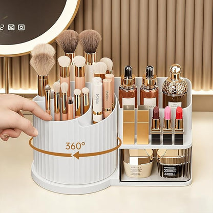 Anyoifax 360 Rotating Makeup Brush Holder Organizer with Drawer 5 Slots Make Up Brushes Cup Flower-Shaped Spinning Pen Holder for Vanity, Cosmetics, Lipsticks, White
