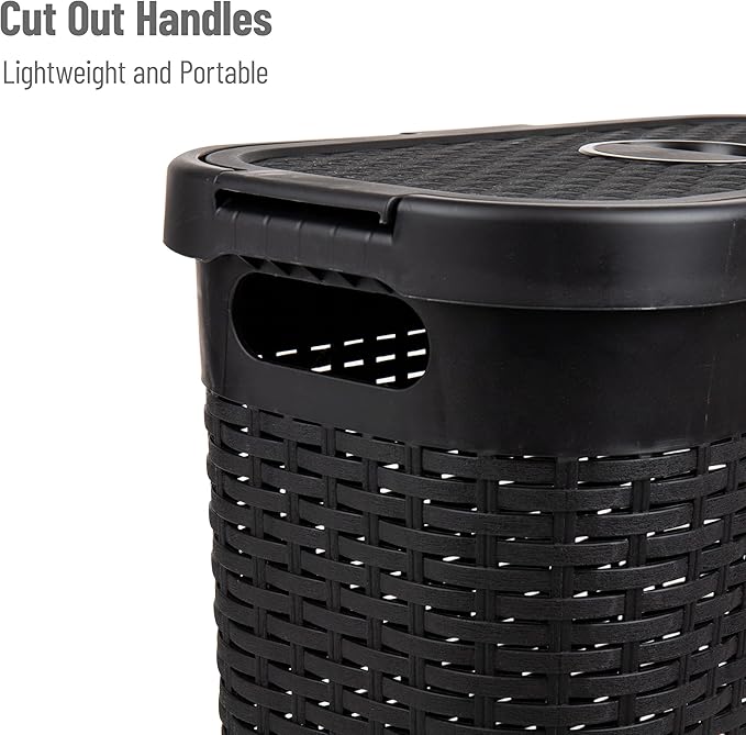 Mind Reader Slim Laundry Hamper with Lid, 40L Clothes Basket, Narrow Tapered Design with Ventilated Cutout Pattern, Plastic, Black