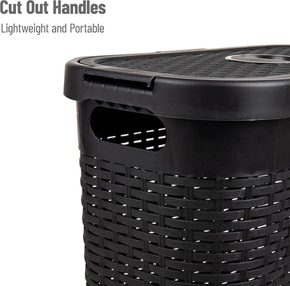 Mind Reader Slim Laundry Hamper with Lid, 40L Clothes Basket, Narrow Tapered Design with Ventilated Cutout Pattern, Plastic, Black