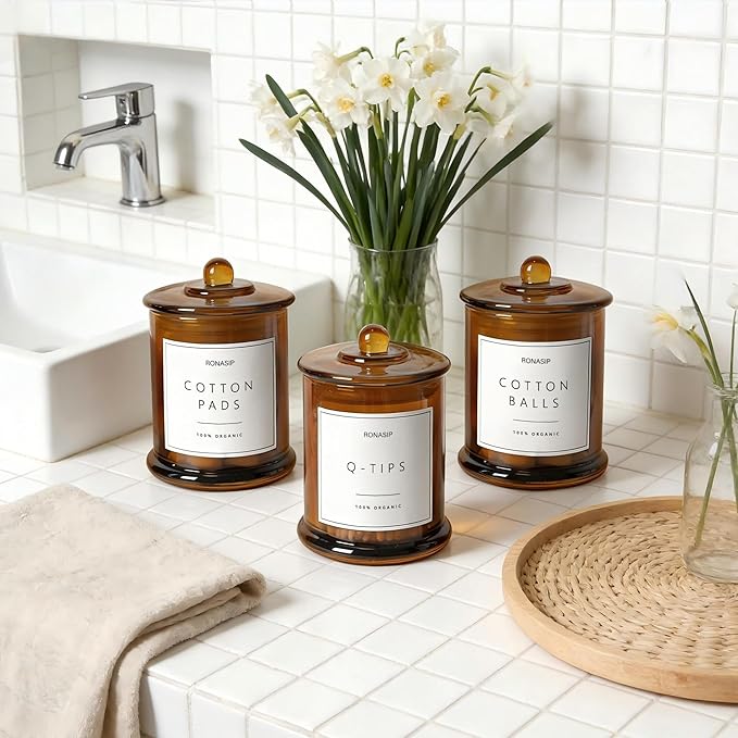 Ronasip 3 Pack Qtip Holder Dispenser, 16oz Bathroom Organizer and Storage Canisters, Glass Apothecary Jars with Lid - Home Decor, Room Decor Aesthetic (Amber)