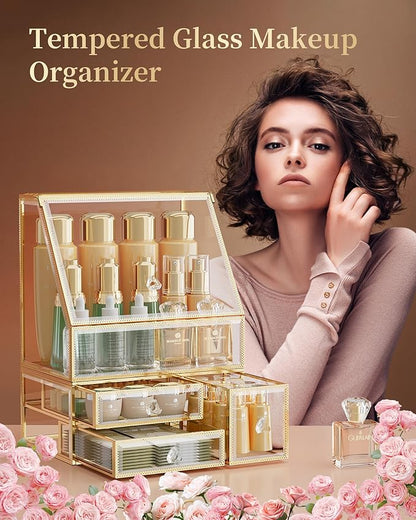 CoralHouse Glass Makeup Organizer for Vanity, Clear Cosmetic Organizer with Drawer, Elegant Skincare Holder for Bathroom Countertop and Dresser