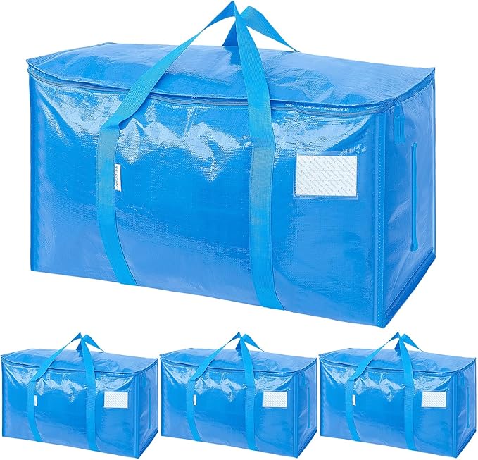 TICONN 4 Pack Extra Large Moving Bags Heavy Duty with Zippers & Carrying Handles, Durable Storage Bags Moving Boxes for Closet Organizers and Storage (4 Pack, Sky Blue)