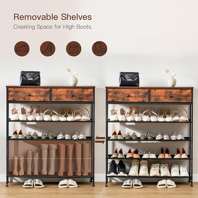 usikey Shoe Rack, 5 Tier Shoe Storage Organizer with 2 Drawers, Metal Shoe Shelf for 16-20 Pairs of Shoes, with 4 Oxford Fabric Shelves and Wooden Top, Shoe Stand for Closet, Rustic Brown UNYXJX009F