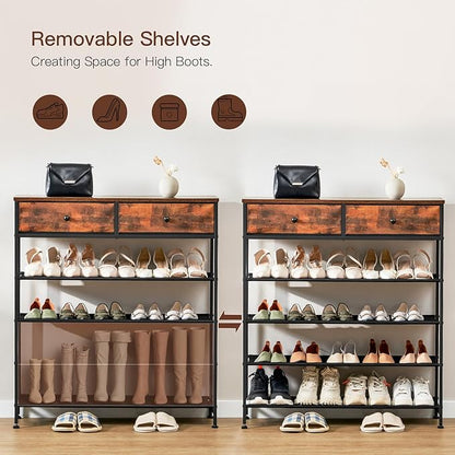 usikey Shoe Rack, 5 Tier Shoe Storage Organizer with 2 Drawers, Metal Shoe Shelf for 16-20 Pairs of Shoes, with 4 Oxford Fabric Shelves and Wooden Top, Shoe Stand for Closet, Rustic Brown UNYXJX009F
