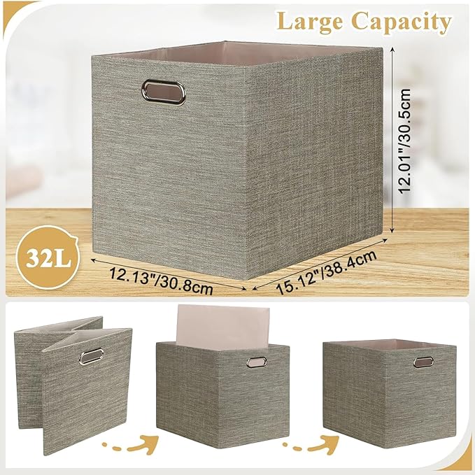 Posprica 15.12"x12.13"x12.01" Storage Cube Bins, Linen Decorative Closet Storage Organizer for IKEA Kallax, 4 Pack Fabric Foldable Large Storage Baskets for Closet, Shelves, Clothes, Toy -Coffee