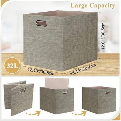 Posprica 15.12"x12.13"x12.01" Storage Cube Bins, Linen Decorative Closet Storage Organizer for IKEA Kallax, 4 Pack Fabric Foldable Large Storage Baskets for Closet, Shelves, Clothes, Toy -Coffee