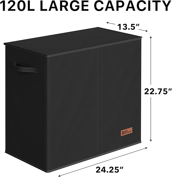 Simple Houseware Double Laundry Hamper with Lid and Removable Bags, Black