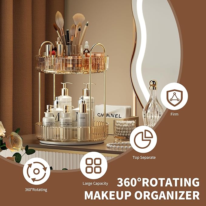 YCIA&DONE Rotating Makeup Organizer for Vanity, Large Capacity Make Up Storage Skin care Shelf Perfume Holders Cosmetic Dresser Organizer Countertop Spinning 360 (Amber Gold, 2Tiers)