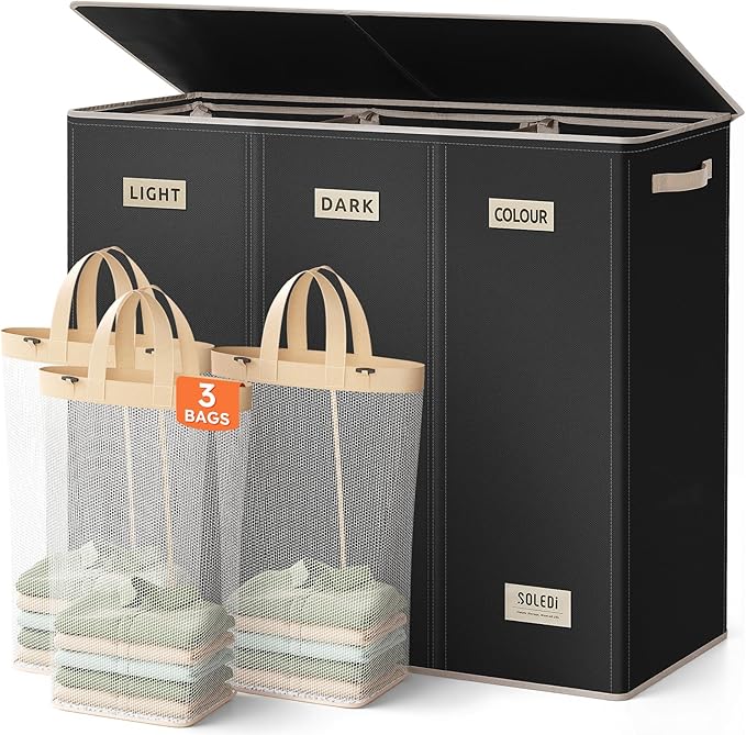 SOLEDI 200L 3-Section Laundry Hamper with Lid, Extra Large Dirty Clothes Basket with Sturdy Handles for Laundry Room & Bedroom - Durable Organizer for Sorting Laundry