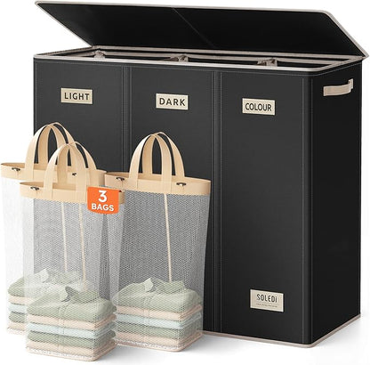 SOLEDI 200L 3-Section Laundry Hamper with Lid, Extra Large Dirty Clothes Basket with Sturdy Handles for Laundry Room & Bedroom - Durable Organizer for Sorting Laundry