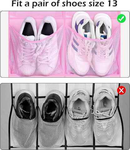 KIMBORA 12 Large Mesh Pockets Over the Door Shoe Organizer for Closet Hanging Shoe Rack for Door Sneaker Hanger Boot Storage for Kids, Baby, Toddler, Girl, Pink
