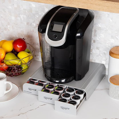 Mind Reader Single Serve Coffee Pod Organizer with 3 Drawers, 36 Pod Capacity, Countertop, 13.5"L x 12.25"W x 2.5"H, Gray