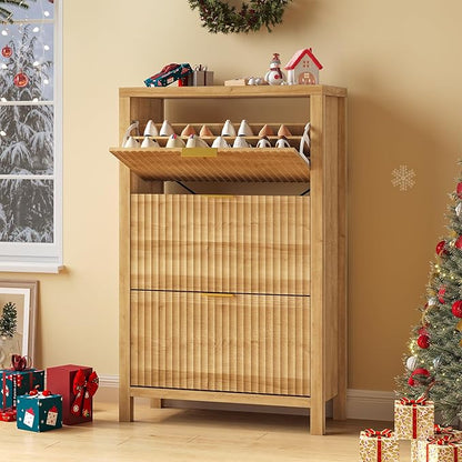 YOMILUVE Shoe Cabinet Storage for Entryway, Fluted Shoe Cabinet with 3 Flip Drawers, Hidden Shoe Rack Tall Freestanding Shoe Organizer with Legs for Hallway, Oak