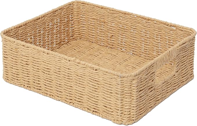 Drawer basket Handwoven Paper Rope Rectangular Shallow Basket Storage-15.35X12.01X4.72 Inches (Light brown)