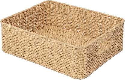 Drawer basket Handwoven Paper Rope Rectangular Shallow Basket Storage-15.35X12.01X4.72 Inches (Light brown)