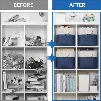 Temary Fabric Storage Cubes 11x11 Cube Storage Bins 4Pack Blue Basket for Organizing Home, Closet, Empty Gift Baskets with Handles (White&Blue)