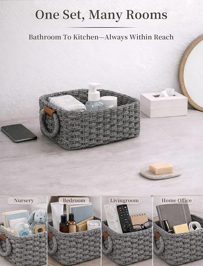 Storage Basket, Recycled Paper Rope Bathroom Basket Organizer, 3Pcs Small Baskets for Organizing, Mini wicker Basket for Decorative Storage Bins, Shelves, Bathroom, Cabinet - Grey
