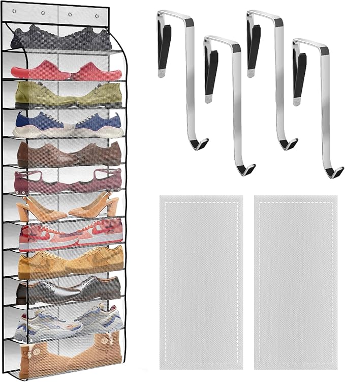 PAULONE 12 Pocket Over the Door Shoe Organizer,Reusable Breathable Large Mesh Bag Men's & Women's Sneaker Organizer,Shoe Organizer for Kids,Hanging Shoe Storage Hanging Bag (White)