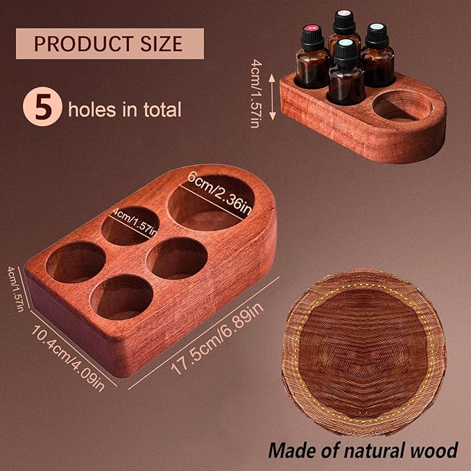 Wooden Essential Oil Holder with 5 Holes (4cmx4 & 6cmx1), Retro Desktop Display Rack for Bathroom Vanity Desk Organizer