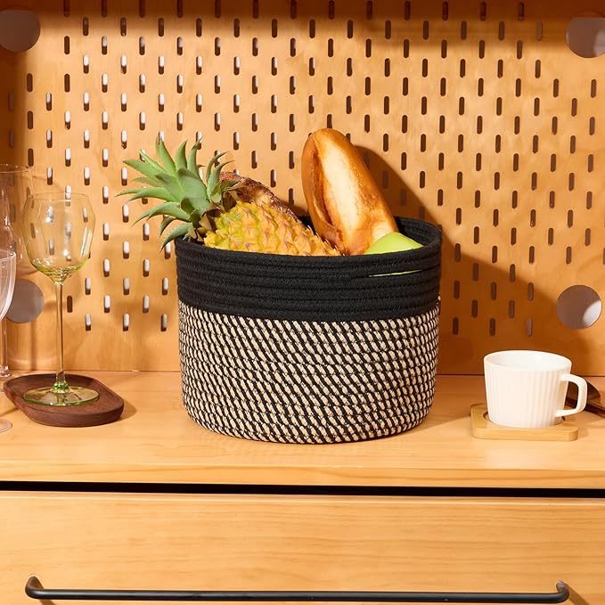 MiniArk Small Basket for Organizing | Cube Shelf Closet Storage Baskets | 9.7×9.7×7.1” | Woven Rope Gift Basket | Nursery | Round 3 Packs Black Brown