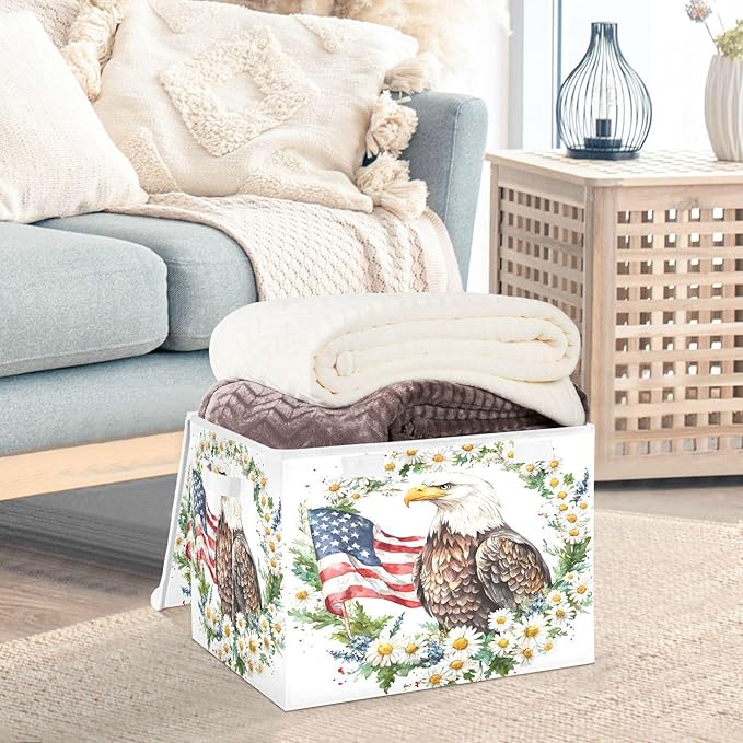 senya July Fourth Baskets Collapsible Storage Bins with Lids, Daisy Flower American Flag Bird Storage Boxes Clothes Baskets for Organizing