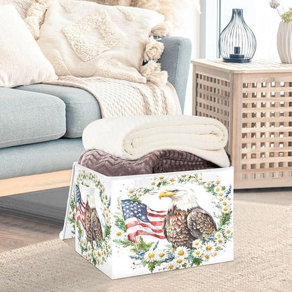 senya July Fourth Baskets Collapsible Storage Bins with Lids, Daisy Flower American Flag Bird Storage Boxes Clothes Baskets for Organizing
