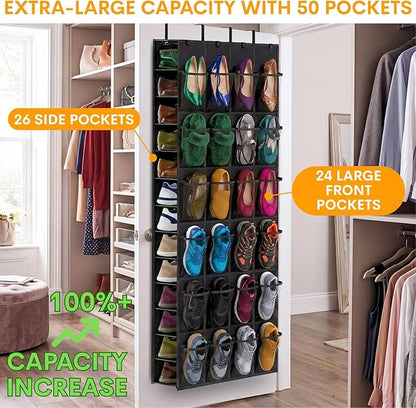 Ofiray-home Over The Door Shoe Organizer, 50 Large Pockets Double-Sided Shoe Organizer for Closet Door, Hanging Shoe Storage Up to 50 Pairs, Mesh Front Pockets & Side Storage for Sneakers, Heels,Black