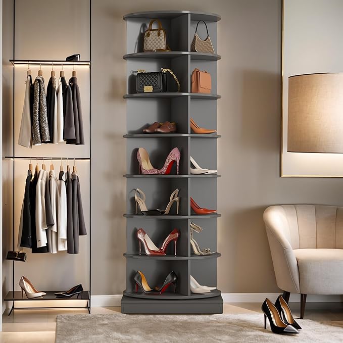 Rotating Shoe Rack Tower, 360-Degree Circular Storage Organizer for Shoes and Handbags, Vertical Space-Saving Cabinet for Entrance Hall, Independent Rotating Shoe Shelf (B-Gray)