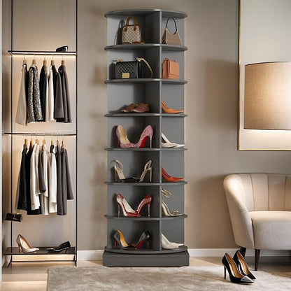 Rotating Shoe Rack Tower, 360-Degree Circular Storage Organizer for Shoes and Handbags, Vertical Space-Saving Cabinet for Entrance Hall, Independent Rotating Shoe Shelf (B-Gray)