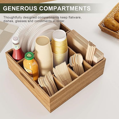 Acacia Wood Utensil Holder for Party, Paper Plate and Utensil Holder Caddy for Countertop, Kitchen Silverware Organizer Dispenser for Spoon, Napkin, Cup, Cutlery Holders for Outdoor, Camping, Picnic