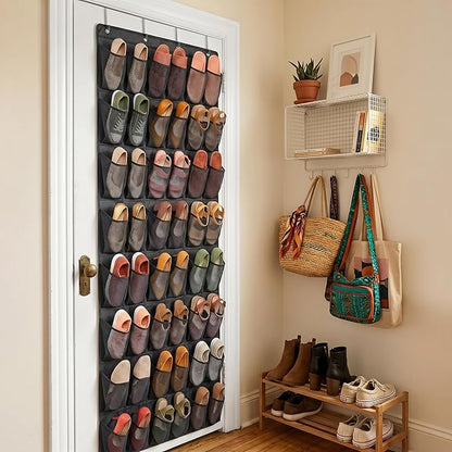 48 Pockets Over The Door Shoe Organizer, Large Mesh Hanging Shoe Rack, 6-Column Heavy Duty Shoe Storage for Sneakers and Heels, Behind Door Holder for Entryway Bedroom Dorm College, Black