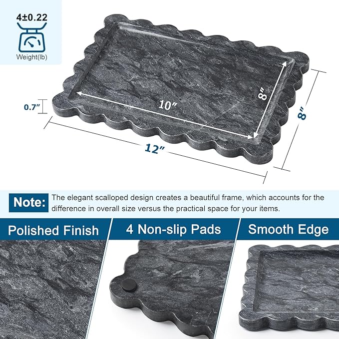 Real Natural Scalloped Marble Tray for Bathroom, Vanity, Kitchen and Desktop, Decorative Stone Tray for Jewelry, Cosmetics, Candles, Lotion, Perfume and Home Decor (Black, 12" L x 8" W)