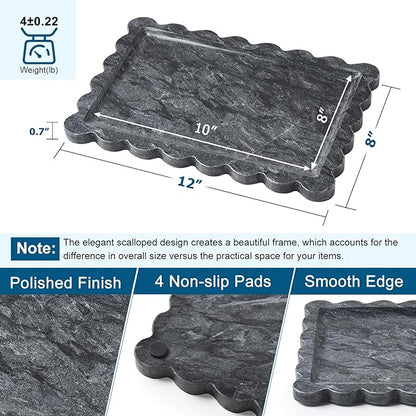 Real Natural Scalloped Marble Tray for Bathroom, Vanity, Kitchen and Desktop, Decorative Stone Tray for Jewelry, Cosmetics, Candles, Lotion, Perfume and Home Decor (Black, 12" L x 8" W)