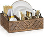 Ukonvi Flatware Organizers Paper Plate Dispenser with Handles, Paper Plate Holder for Kitchen Counter, Wood Rustic Silverware Utensil Caddy, Brown