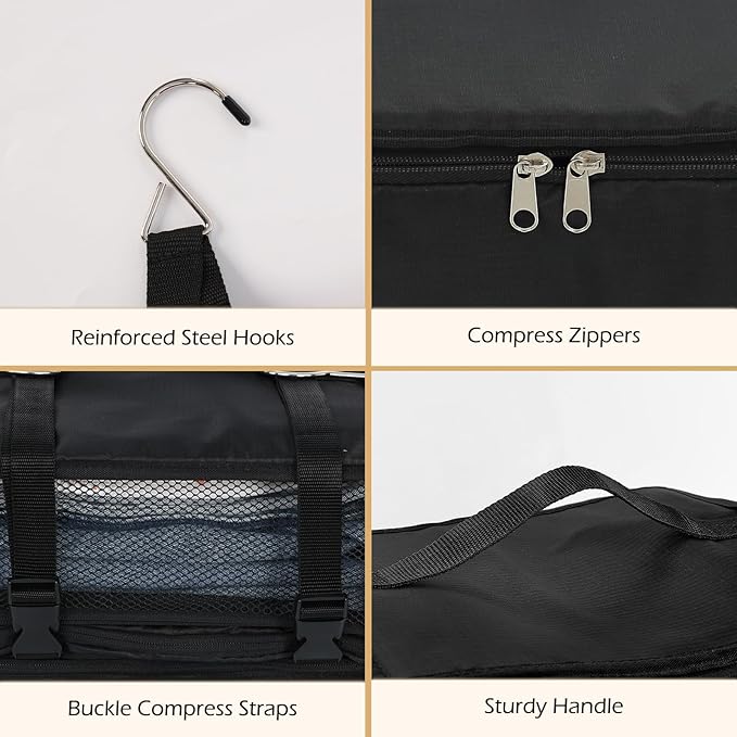 Surblue Hanging Shelves Travel Storage Bag Compression Packing Cube for Suitcase Portable Closet Organizer Collapsible with Extension Layer Large Capacity,Black,XXL