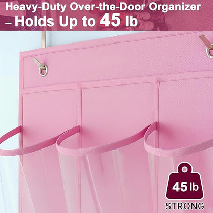 Over-the-Door Kids Shoe Organizer, Pink Shoe Rack for Door, 24 Crystal Clear Pockets, Heavy-Duty Hanging Organizer, 3 Metal Hooks for Toddler Shoes