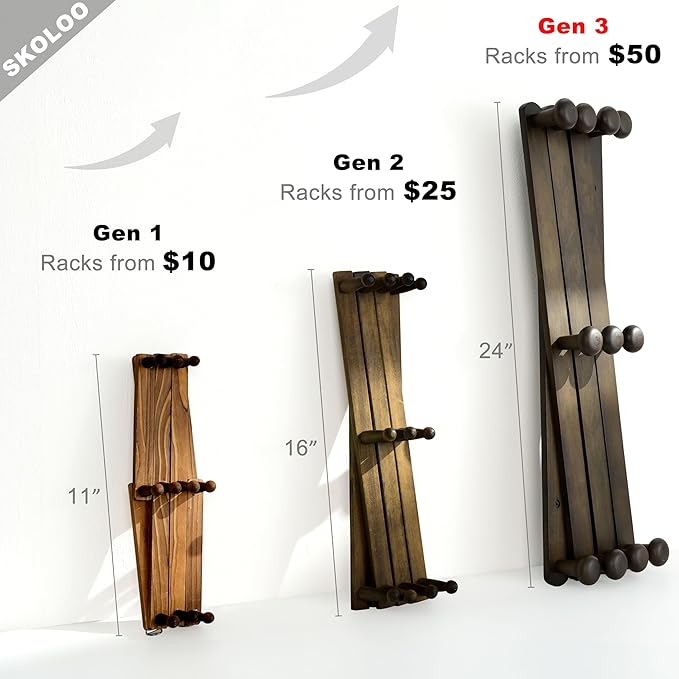 SKOLOO Large Hat Rack for Wall, Wooden Accordion Wall Hanger, Modern, Expandable Coat Hooks, Hat Display Rack for Home, Office, and Studio, 11 Peg, Dark Walnut