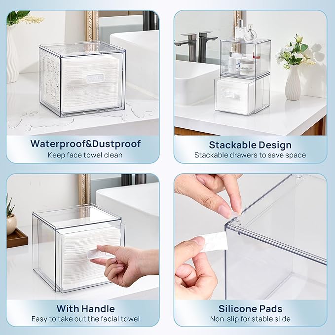 Vtopmart Disposable Facial Towels Holder,Clear Storage Drawer Compatible with Clean Skin Club Towel XL,Acrylic Box Hold 50 Count,Stylish and Functional Bathroom Accessory for Coutertop Organization