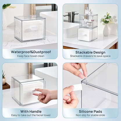 Vtopmart Disposable Facial Towels Holder,Clear Storage Drawer Compatible with Clean Skin Club Towel XL,Acrylic Box Hold 50 Count,Stylish and Functional Bathroom Accessory for Coutertop Organization